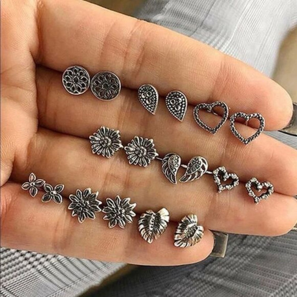 Silver 9 pairs Heart & Flower Stud Earrings